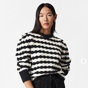 & Other Stories Scalloped Crochet Striped Merino Sweater, Sz Small, NWT